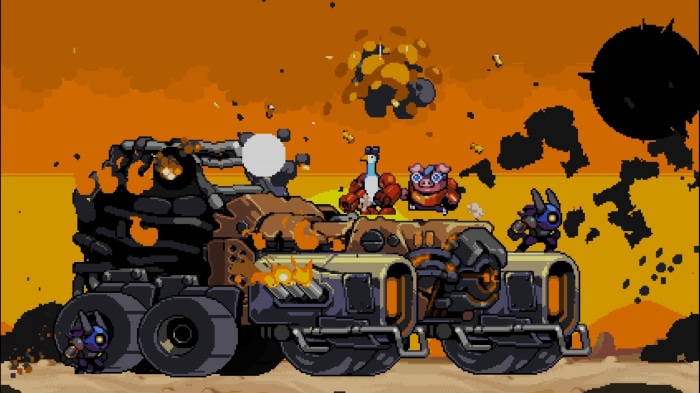Mighty Goose characters on a destroyed vehicle