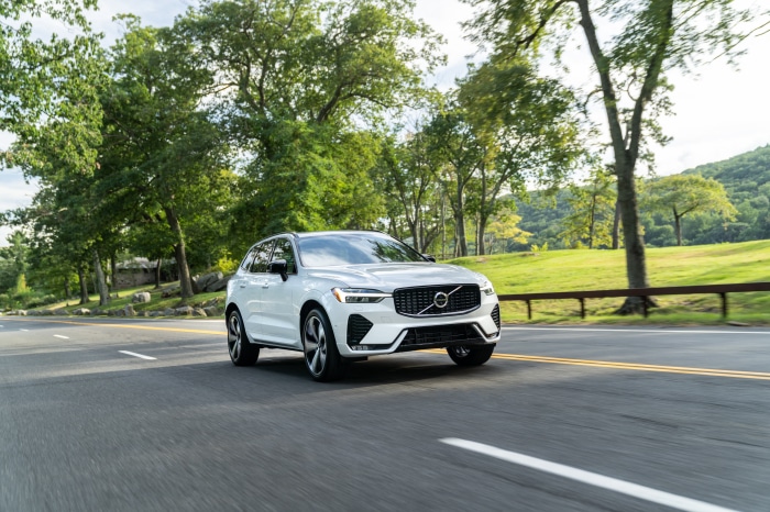 White Volvo XC60 B6 AWD driving on a road