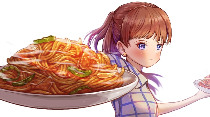 Girl holding a plate of pasta