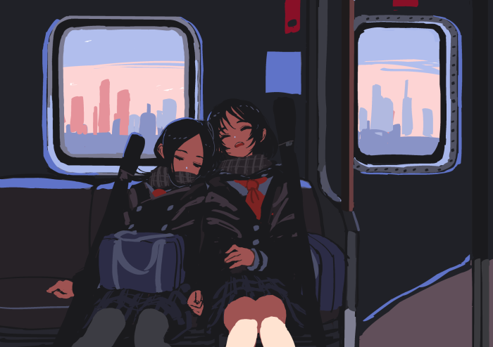 Two girls in school uniforms sleeping on a train