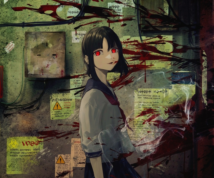 Girl in School Uniform with Blood Splatter