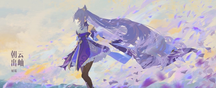 Keqing from Genshin Impact with falling petals