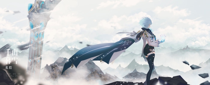 Eula from Genshin Impact in a snowy mountain landscape