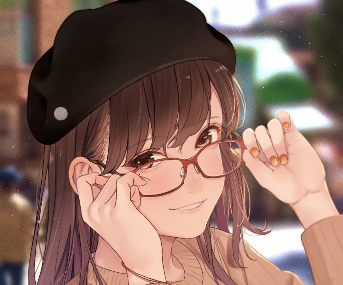 Acerola Saitou wearing glasses and a beret