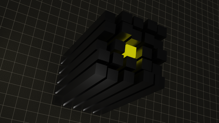 Abstract geometric structure with black pillars and yellow core