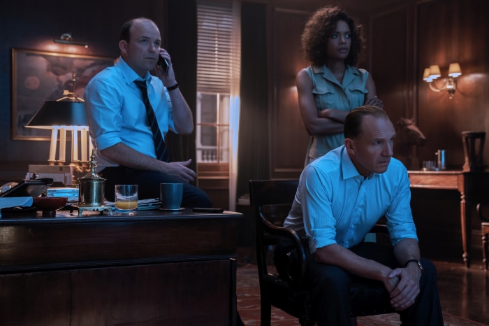 Bill Tanner, M, and Eve Moneypenny in No Time To Die