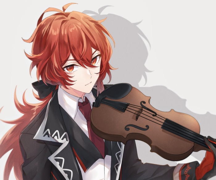 Diluc from Genshin Impact playing the violin