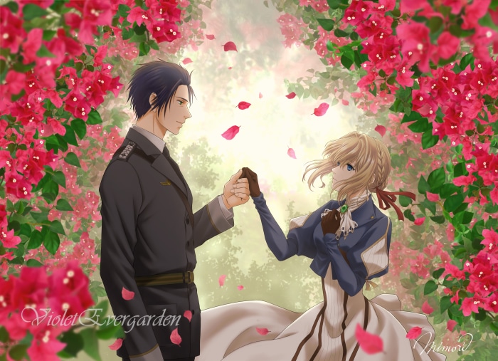 Violet Evergarden and Gilbert Bougainvillea in a garden