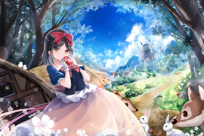 Snow White anime style with castle and forest animals
