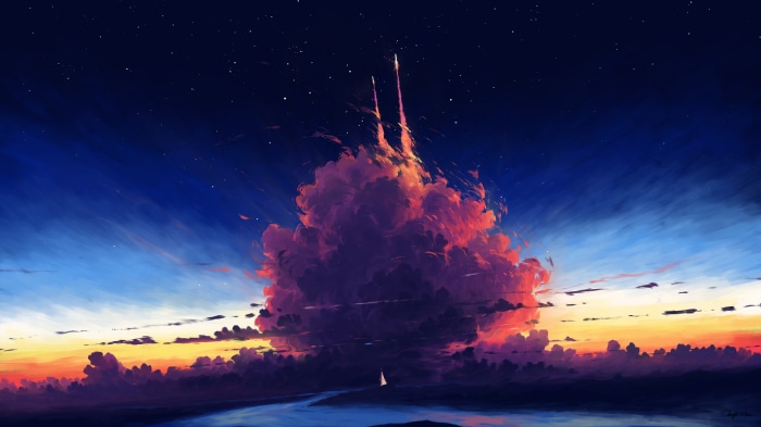 Two rockets launching into a colorful cloudy sky