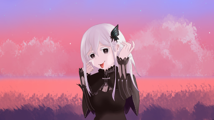 Echidna from Re:ZERO with a butterfly in her hair