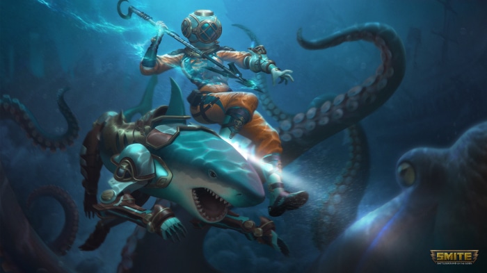 Deep Sea Skadi from Smite riding a mechanical shark