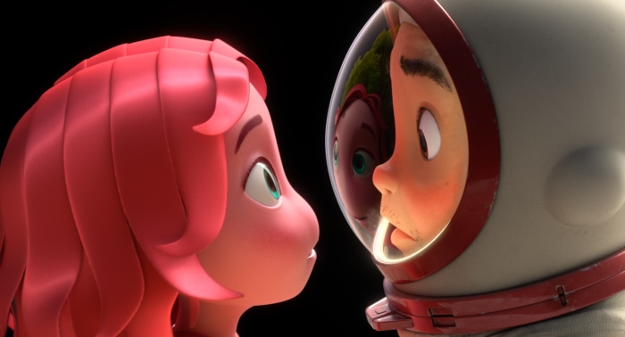 Pink-haired girl and astronaut in space