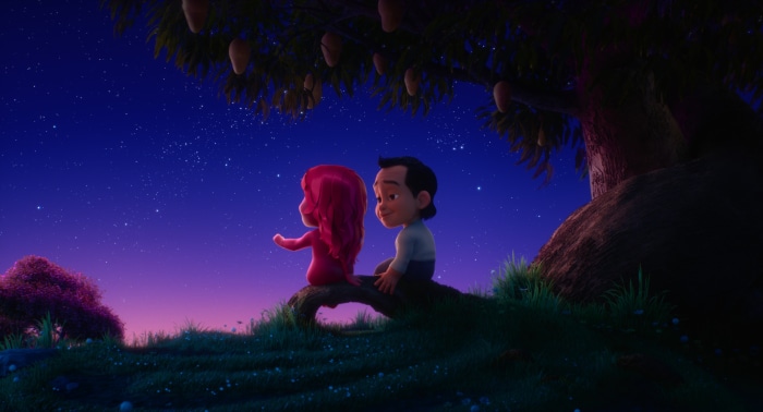 Two cartoon characters sitting under a tree at night