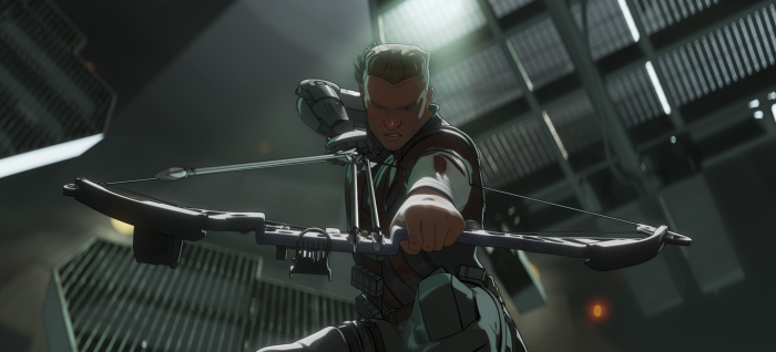 Hawkeye from What If...? aiming a bow
