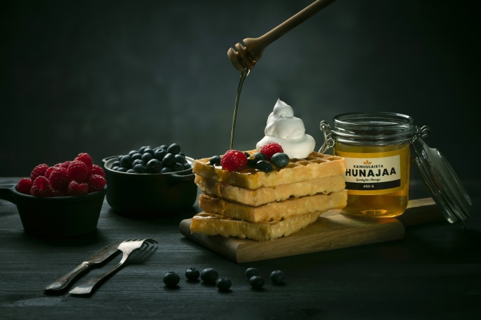 Waffles with Berries, Whipped Cream, and Honey