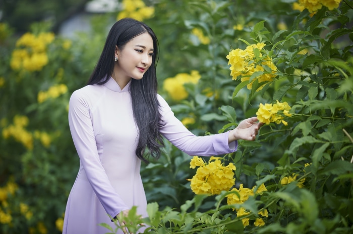Asian woman with black hair in a purple dress near yellow flowers