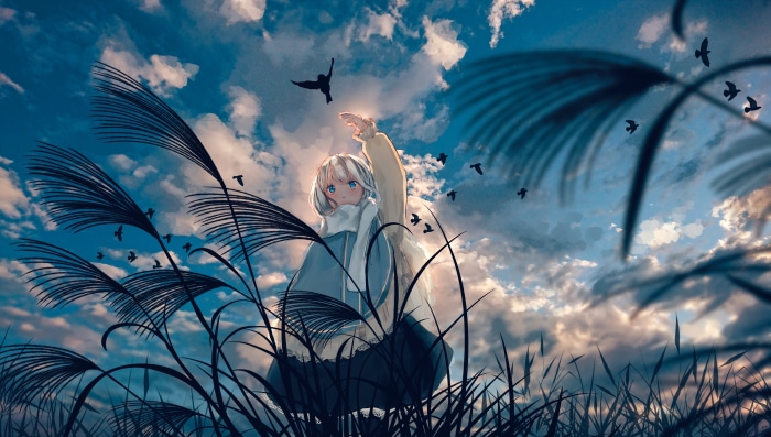 Girl in a field with birds and clouds 4K