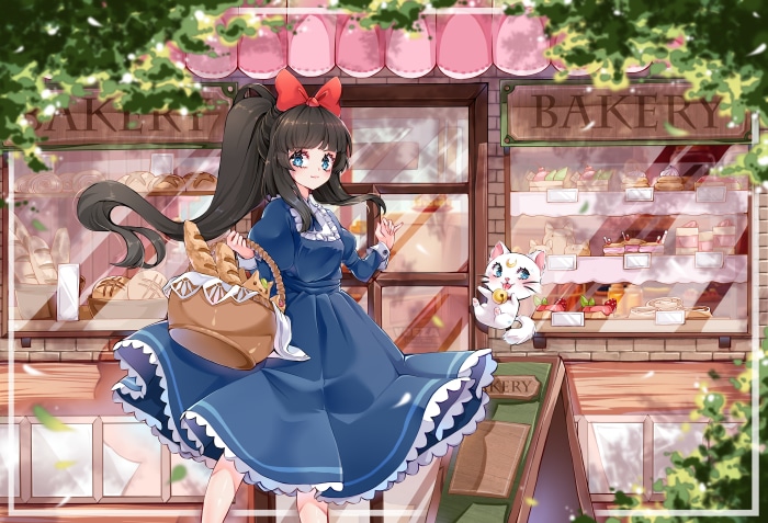 Girl with basket in front of bakery