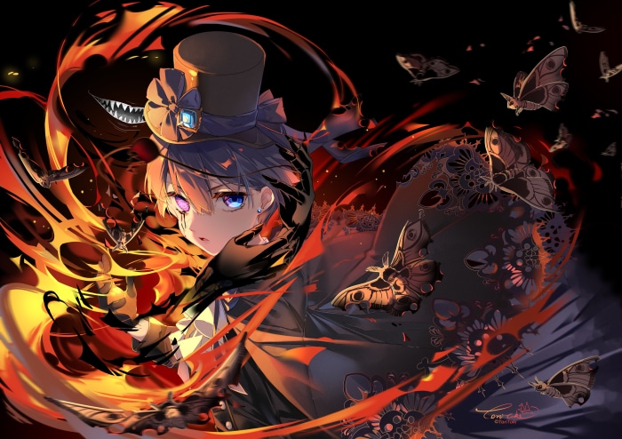 Ciel Phantomhive from Black Butler with fire and butterflies