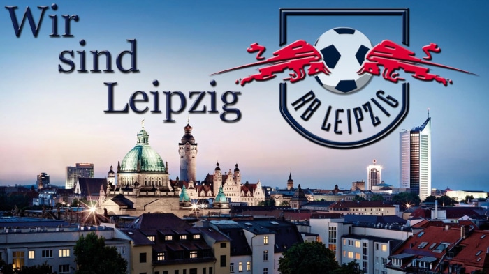 Wir sind Leipzig text and RB Leipzig logo over cityscape