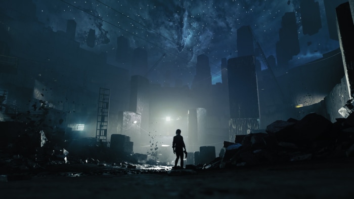 Jesse Faden from Control in a destroyed environment