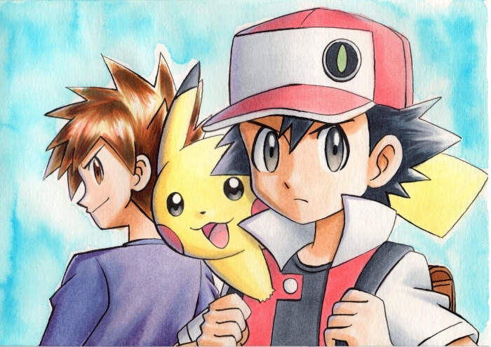 Red, Blue, and Pikachu from Pokemon