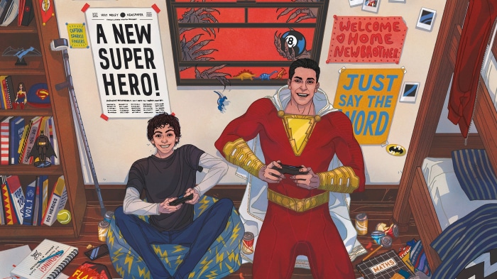 Shazam and Billy Batson playing video games