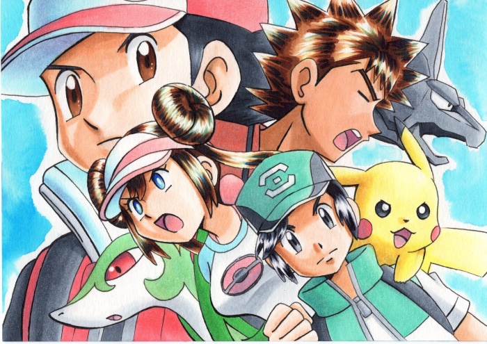 Pokémon Masters EX: Red, Brock, Rosa, Scottie, and Pokémon