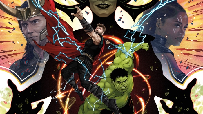 Thor, Loki, Hulk, and Valkyrie from Thor: Ragnarok
