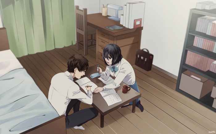 Eren Yeager and Mikasa Ackerman studying in a room