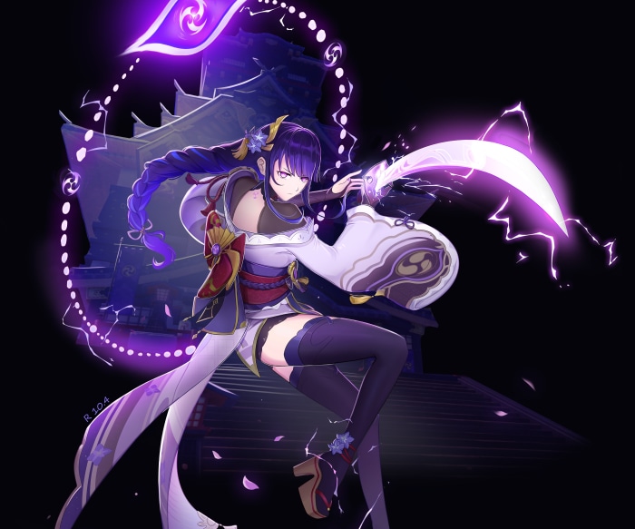 Raiden Shogun from Genshin Impact with lightning