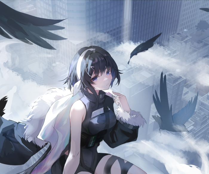 La Pluma from Arknights with birds in city