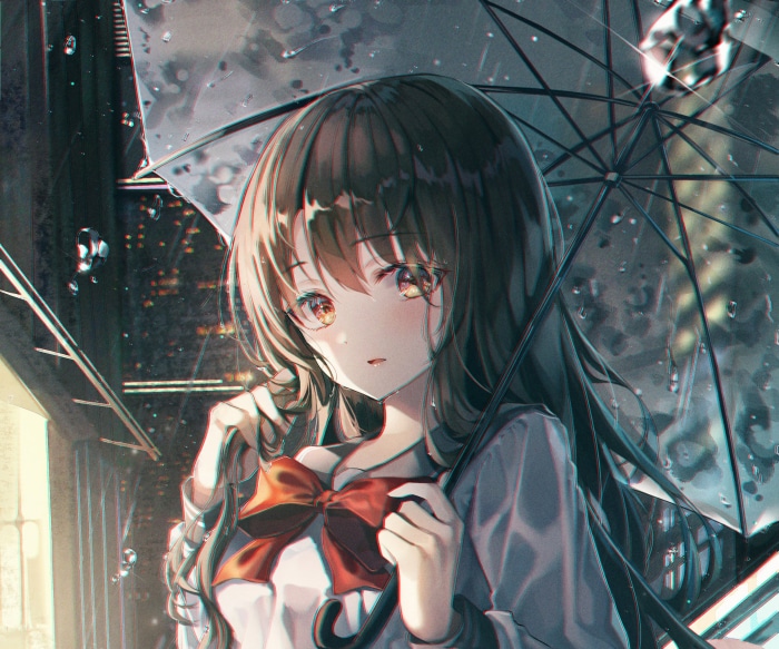 Anime girl with umbrella in the rain