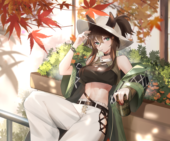 Meteor from Arknights sitting outdoors