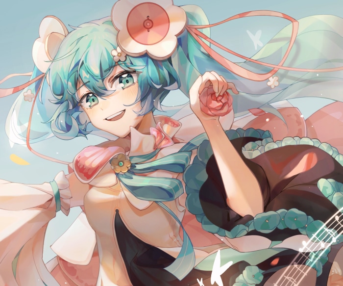 Hatsune Miku Vocaloid with Rose and Guitar