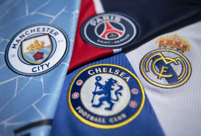 Manchester City, Paris Saint-Germain, Chelsea, Real Madrid crests
