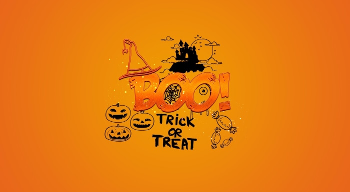 Halloween "Boo! Trick or Treat" illustration with pumpkins and castle