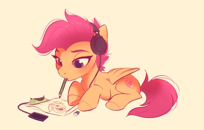 Scootaloo from My Little Pony drawing a dragon