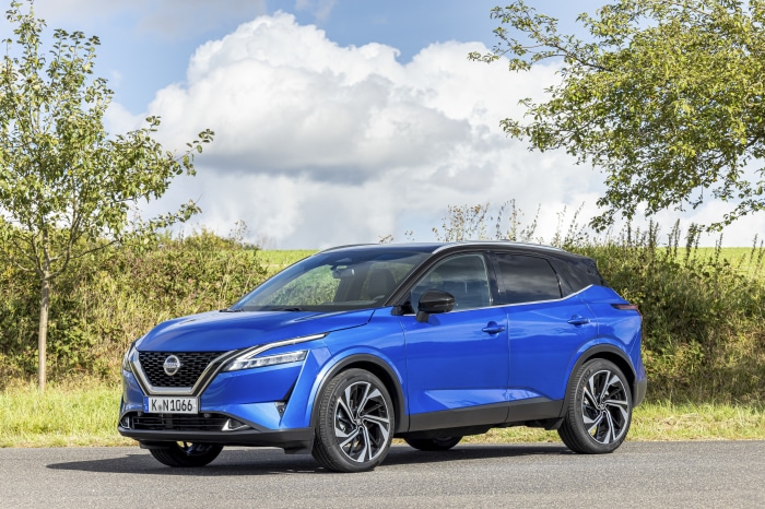 Blue Nissan Qashqai SUV parked on a road