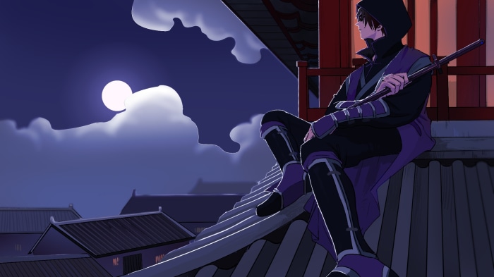 Seven from Scissor Seven sitting on a rooftop at night