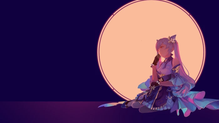Keqing from Genshin Impact sitting in front of a large circle