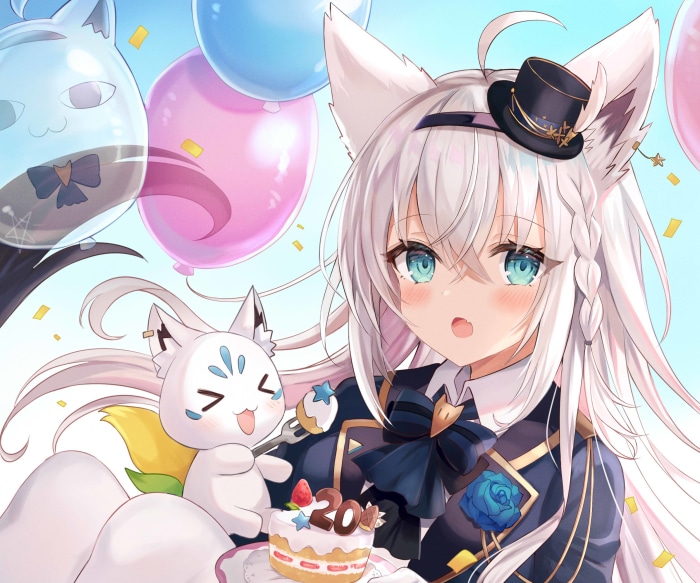 Shirakami Fubuki from Hololive with cake and balloons