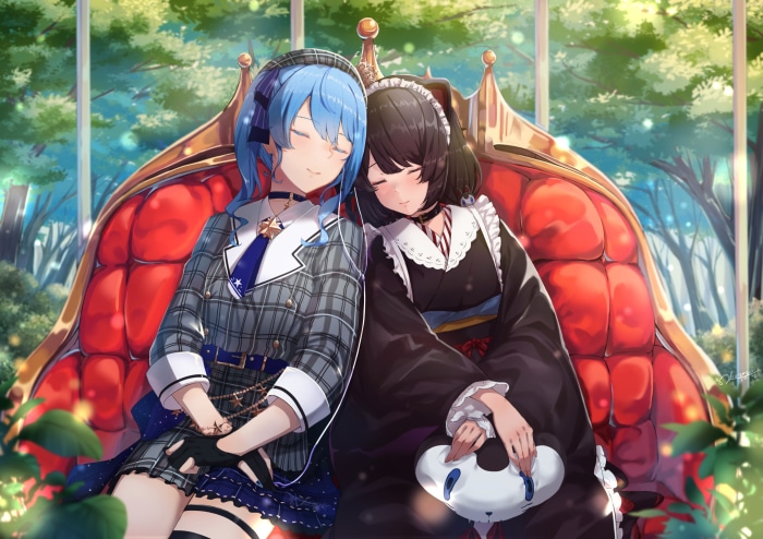 Hoshimachi Suisei and Inui Toko sleeping on a throne