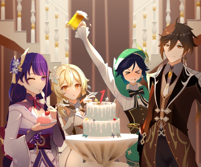 Genshin Impact characters celebrating with cake and drinks