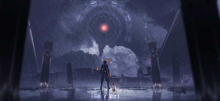 Zhongli from Genshin Impact in a stormy landscape