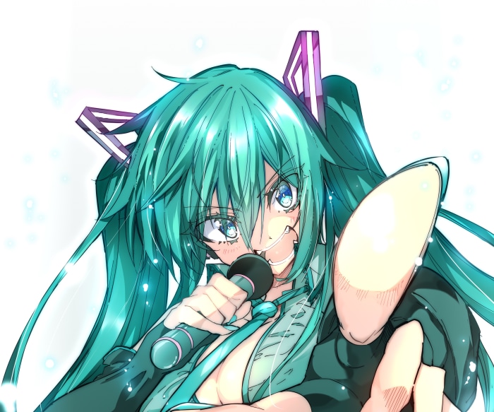 Hatsune Miku singing into a microphone