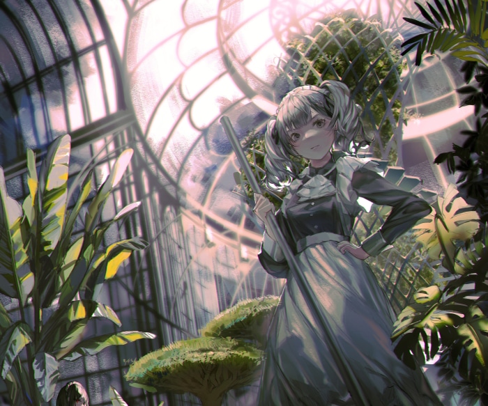 Girl in Maid Outfit Holding a Pole in a Greenhouse