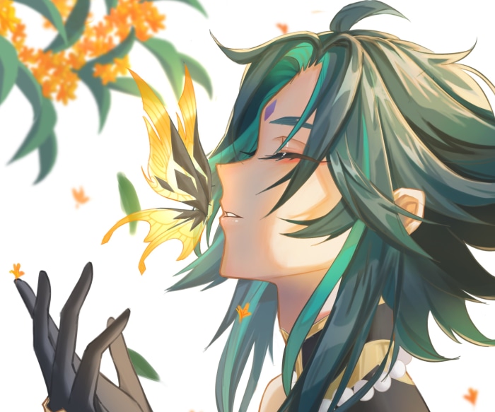 Xiao from Genshin Impact with a butterfly