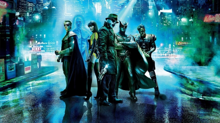 Watchmen characters in a city at night